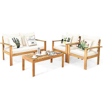 4PCS Outdoor Furniture Set  Acacia Wood Thick Cushion Loveseat Sofa Off White • $429.99