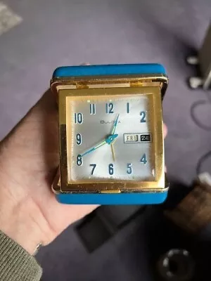 Works Vintage Bulova Alarm Clock Teal Case Gold Trim Day - Date Japan-#G83 • $32