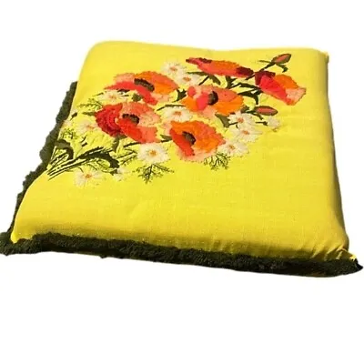 Retro Vintage Crewel Pillow Daisy Flowers Daisies Yellow Fringe Trim • $45