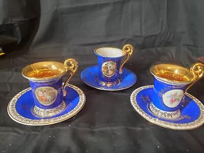 Set Of 3 Bremer And Schmidt Blue And Gold Cameo Germany Demitasse Cup And Saucer • $68.90