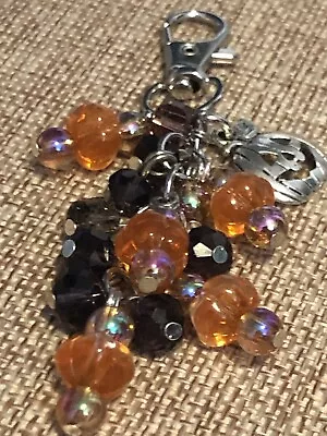 Jack O Lantern Pumpkins Purse Charm Keychain Clip Bag Fob Tote Purple Beads • $7.75