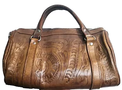 Force Ten Classic Handbag Purse Vintage Handmade Tan Genuine Leather Hand Tooled • $18.88