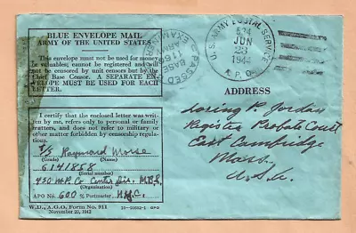 World War Ii  Military Mail Apo 534 1944 Censored Blue Envelope Mail  Algiers • $4