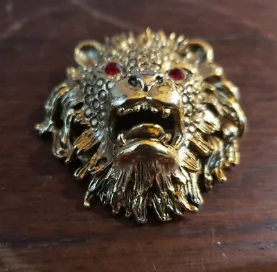 Vintage Lion's Head Brooch Pin With Red Rhinestone Eyes • $8