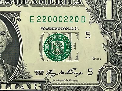 Binary  0s 2s Fancy Serial Number One Dollar Bill E22000220D Five Of A Kind • $40