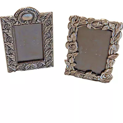 Pewter Mini Small Picture Frames Lot Of 2 Floral Design Stand Up Easel Vintage • $14.99