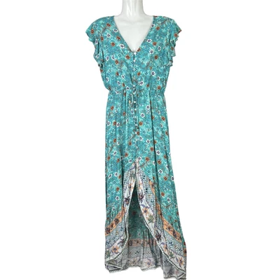 $45 • Buy Iris Maxi Women’s Dress Blue Teal Floral Hi-Lo Long Arnhem Style Boho Size L 14