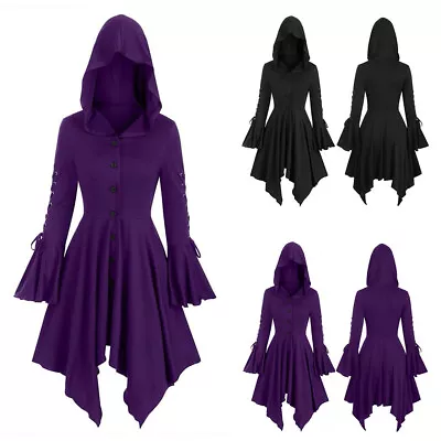 Women Halloween Gothic Hooded Dress Cloak Coat Medieval Witch Cosplay Costume • $34.02