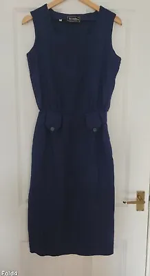 Vintage Horrockses 60s Shift Linen Day Dress 8 Navy Blue Square Neck • £19.99