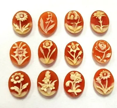 12 Vintage Japan Assorted Flowers 10x8mm. Oval Carnelian Cabochon Cameos 403 • $3.37