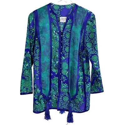 Maggie Shepherd Australia Floral Top Silky Tassles Artsy Button Up Women XS • $25.71