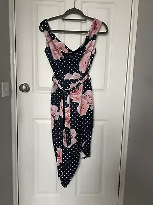 Quiz Floral Rose Navy Pink Polka Dot Bodycon Stretch Hourglass Dress Size 10 • £3.99