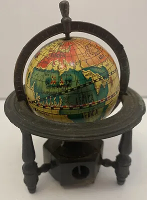 Small Vintage Globe Brass Pencil Sharpener With Attached Stand • $21.99