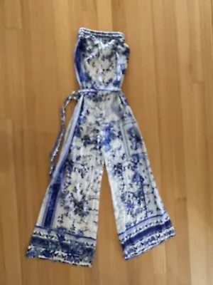 Camilla Clothing Strapless Tie Waist Jumpsuit Wide Leg Blue Floral $399 Size XS • $399