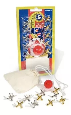 10 METAL JACKS & BALL In Cloth Bag/Pouch Retro Game Steel Red Rubber Jack Jax  • $8.95