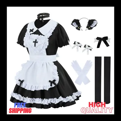 Black French Maid Outfit Crucifix Lace Apron Lolita Cosplay Furry Ear Costume • $44.50