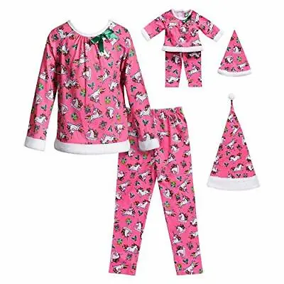Dollie & Me Girl's Pink Unicorn Santa Pajama Set With Matching Doll Set • $24.99