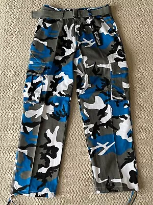 NWT Men's Nathan Blue White Camouflage Camo Belted Cargo Pants ALL SIZES/LENGTHS • $23.99