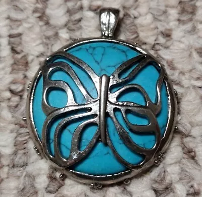 Vintage 90s Turquoise Peace Sign Butterfly Silver Tone Pendant Costume Hippy • $22.49