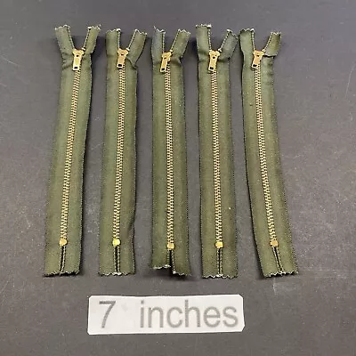 Serval Military 7 Inch Green Brass Zipper 5 Pc Lot Cotton USA 1950s Vintage • $20