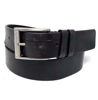 VTG Black Leather Mens Belt Distressed Chunky Silver Tone Buckle 1.5” Size 40 • $14.99