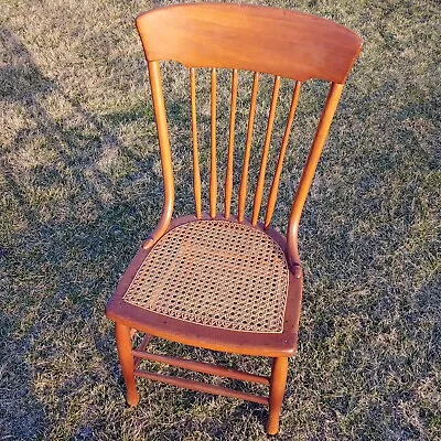 Antique Solid Wooden Chair Cain Seat 37  Tall Turned Spindle Curved Back • $79.95