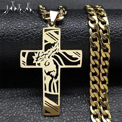 Jesus Cross Necklace For Men Stainless Steel Gold Plated Crucifix Necklaces • $12.89