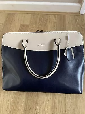 CLUCI Briefcase Women Oil Wax Leather Laptop Bag 15.6 Inch Work Bag Navy/cream • £79.99