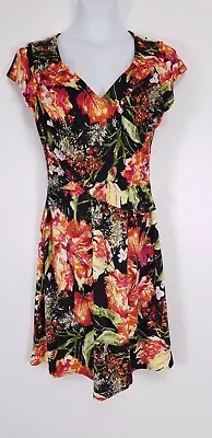 NY Collection B Slim Dress Size S Womens Black Orange Floral Crossover A-Line • $22.50