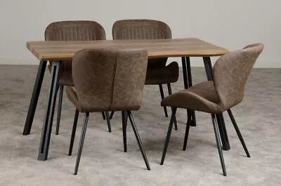 Quebec Wave Edge Oak Effect / Black Dining Set With 4 Brown Faux Leather Chairs • £392.99