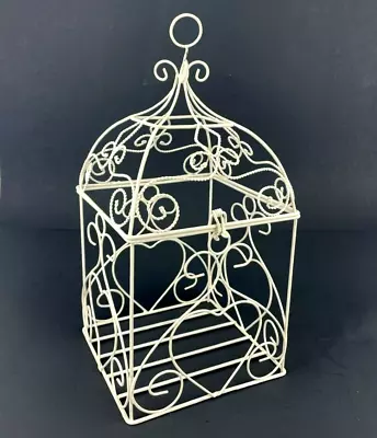 Vintage White Metal Wire 14  X 7  Decorative Hanging Bird Cage W/ Hinged Top • $19.95