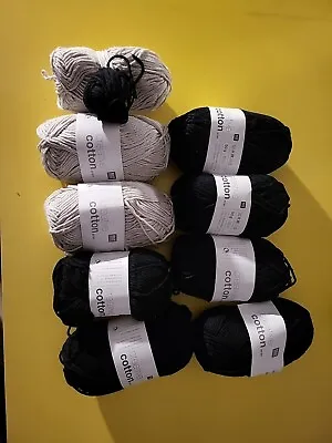 9 X 50g Rico Creative Cotton Aran Yarn - Shade 90 & 22 Black & Cream • £10.99