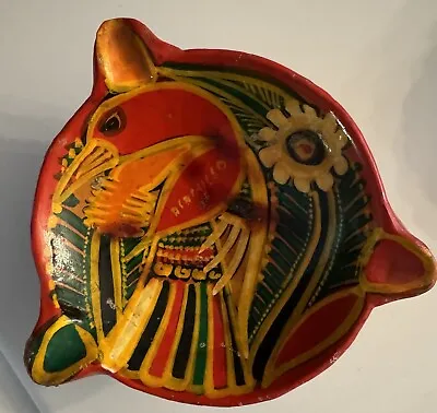 Vintage Mexican Folk Art  Glazed Clay Pottery Bowl Ashtray Bird Flowers • $24.95