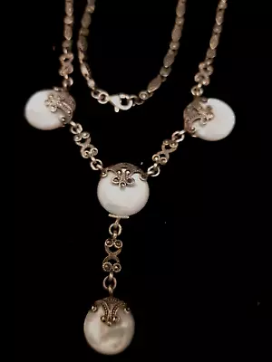 Vintage ORIGINAL Sterling Silver MOTHER PEARL & Marcasite Antique Deco Necklace • $269