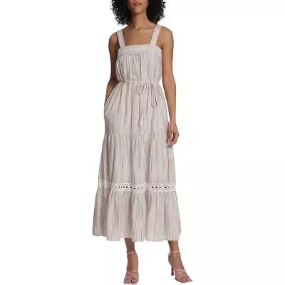 Maggy London Womens White Striped Belted Daytime Midi Dress 2 BHFO 9578 • $15.99