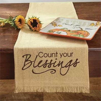 NEW THANKSGIVING Farmhouse COUNT YOUR BLESSINGS Burlap Print 54  Table Runner  • $20.99