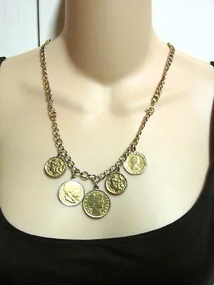 Used Costume Jewelry- Gold Tone Chain Necklace - 5 Fake Coins - 20  Long • $1.99