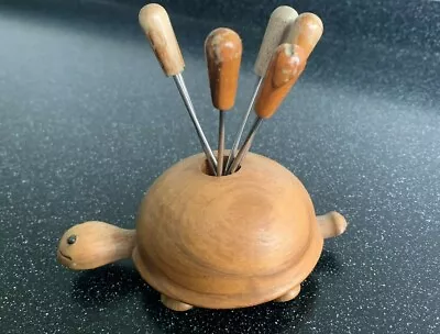 Vintage Set Of 6 Wooden Handle Olive Picks With A Wooden Tortoise Holder • £19.50