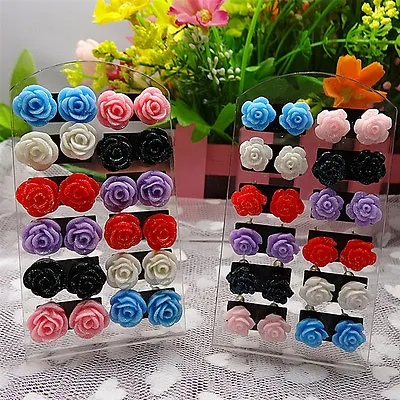 12 Pairs Rose Stud Earrings Mixed Color Flower Earrings Wholesale Jewelry Set-'h • $6.91