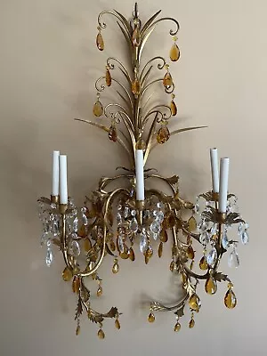 Vintage Italian Crystal Gold Gilt Tole Foliage Chandelier Wall Sconce Candelabra • $1500