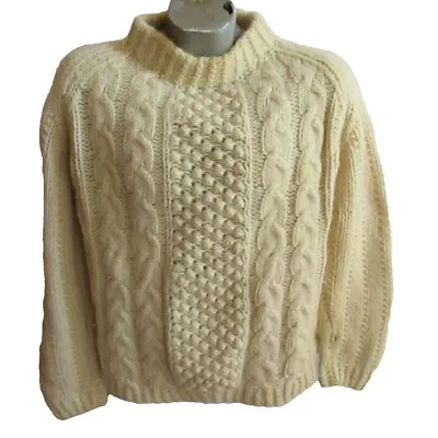 Vintage 70s Men's Hand Knit Sweater Pullover Classic Irish Ivory Wool Large • $40.09