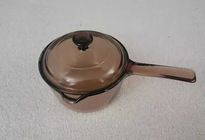 Corning Ware Vision Amber Glass Cookware 1L Sauce Pot Pan Spout With Pyrex Lid • $40