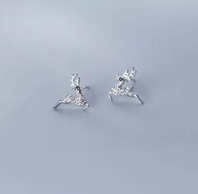 Tiny Silver Reindeer Deer Elk Pave Cubic Zirconia Stud Earrings • $9.99
