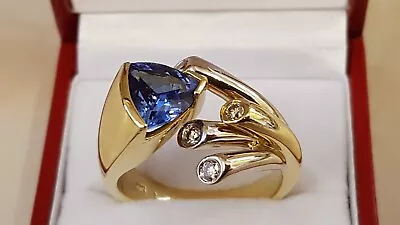 18ct Gold Tanzanite Trillion Cut 3.0ct & Diamond 0.40ct Cocktail Ring Size R 1/2 • £2950