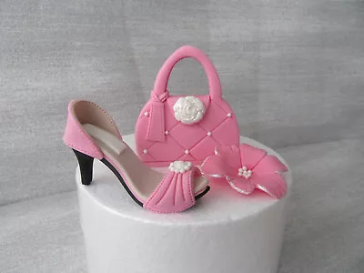£23.99 • Buy Edible Handmade Shoe, Handbag, Flower Sugar Paste Fondant Cake Topper (Pink)