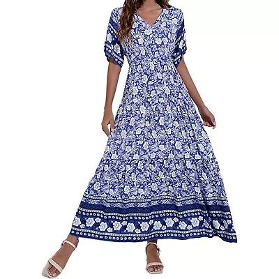 Womens V Neck Sling Floral Long Dress Plus Size Casual Dresses For Women • $27.85