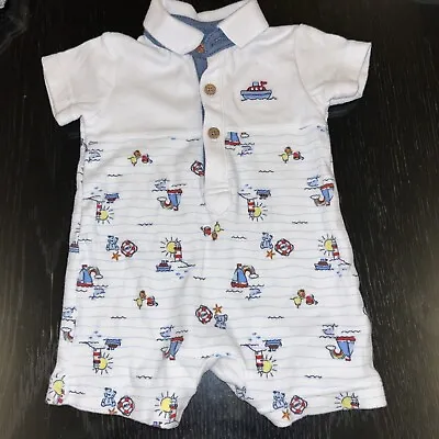 Little Nutmeg Baby Boy Romper Suit 0-3 Months Blue White~  Lighthouse & Boats • £2.30