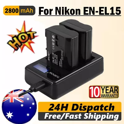 2X 2800mAh EN-EL15 Battery + LCD Dual Charger For Nikon D7000 D7100 D800E 1 V1 • $36.99