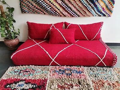 Moroccan Handmade Floor Couch - Unstuffed Cotton Red Sofa Covers + Pillow Case • $610.64