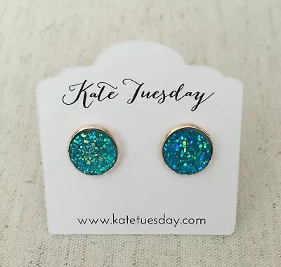 Under The Sea Mermaid Druzy Earrings Silver Sparkly Teal Stud • $9